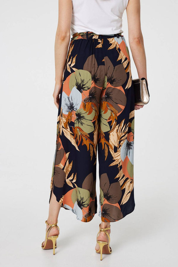 Navy | Leaf Print Tie Waist Split Leg Trousers