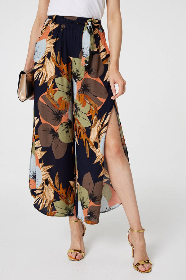Navy | Leaf Print Tie Waist Split Leg Trousers