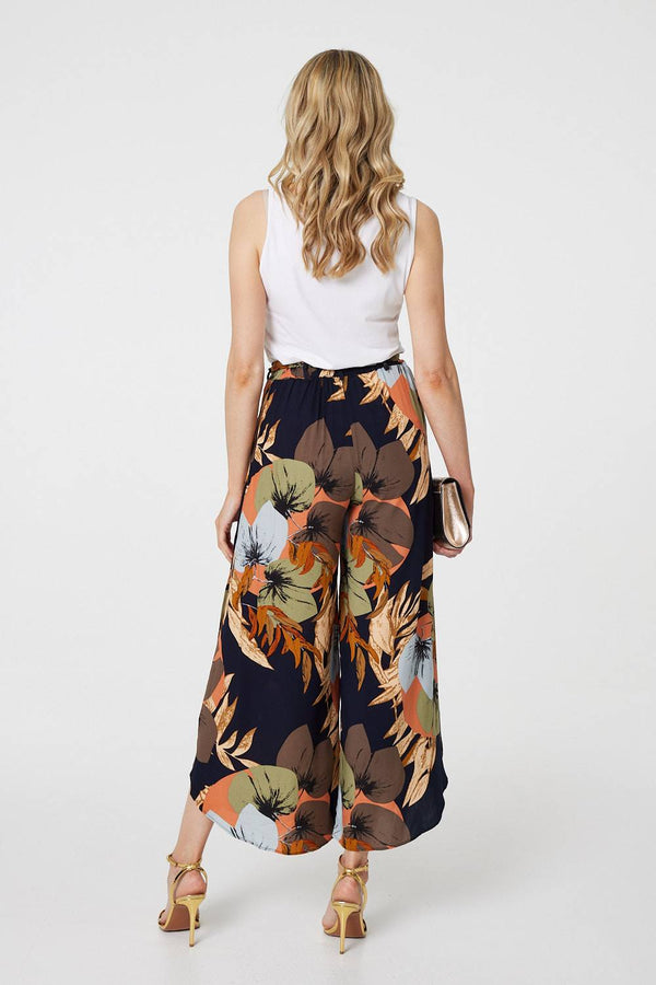 Navy | Leaf Print Tie Waist Split Leg Trousers