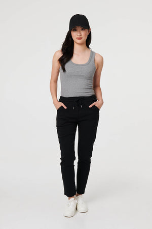 Black | Drawstring Tie Waist Tapered Trousers
