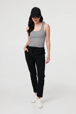 Black | Drawstring Tie Waist Tapered Trousers
