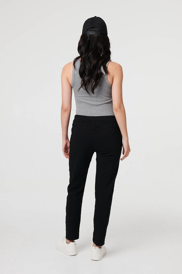 Black | Drawstring Tie Waist Tapered Trousers
