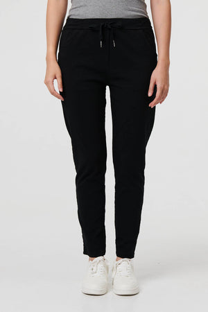 Black | Drawstring Tie Waist Tapered Trousers
