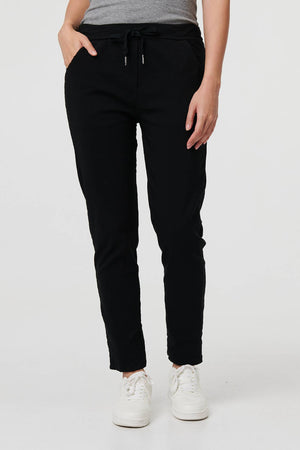 Black | Drawstring Tie Waist Tapered Trousers
