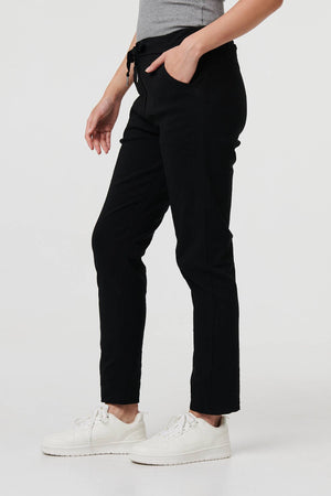 Black | Drawstring Tie Waist Tapered Trousers
