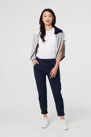 Navy | Drawstring Tie Waist Tapered Trousers : Model is 5'9