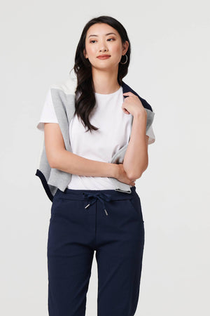 Navy | Drawstring Tie Waist Tapered Trousers
