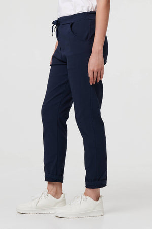 Navy | Drawstring Tie Waist Tapered Trousers
