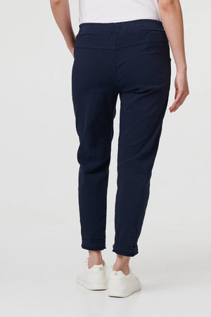 Navy | Drawstring Tie Waist Tapered Trousers
