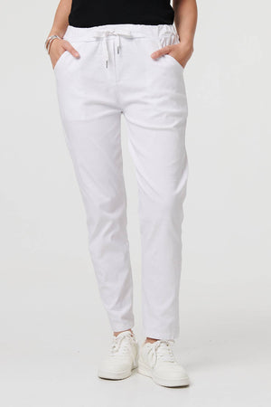 White | Drawstring Tie Waist Tapered Trousers
