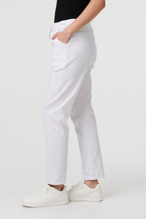 White | Drawstring Tie Waist Tapered Trousers
