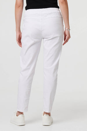 White | Drawstring Tie Waist Tapered Trousers
