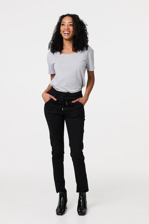 Black | Denim Skinny Ankle Grazer Leggings : Model is 5'8