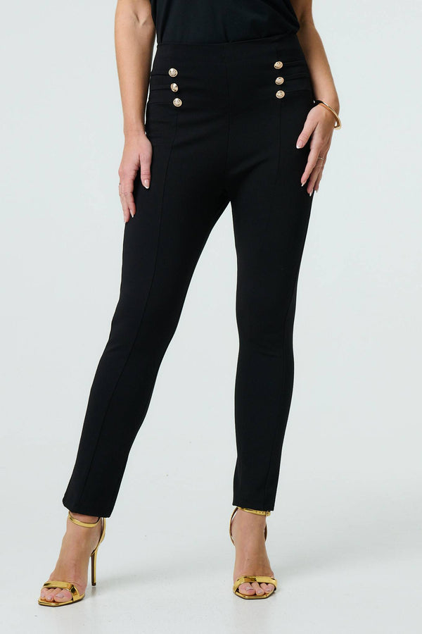 Black | Button Detail High Waist Slim Leggings
