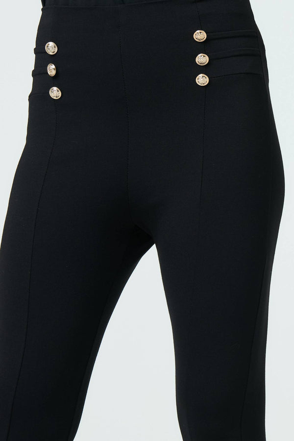 Black | Button Detail High Waist Slim Leggings
