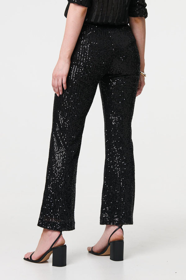 Black | High Waist Flared Sequin Trousers

