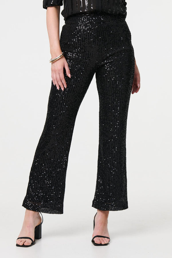 Black | High Waist Flared Sequin Trousers
