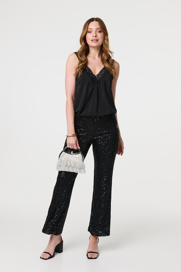 Black | High Waist Flared Sequin Trousers
