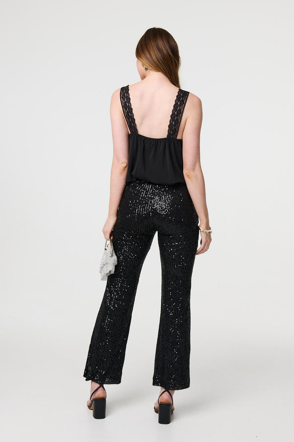 Black | High Waist Flared Sequin Trousers
