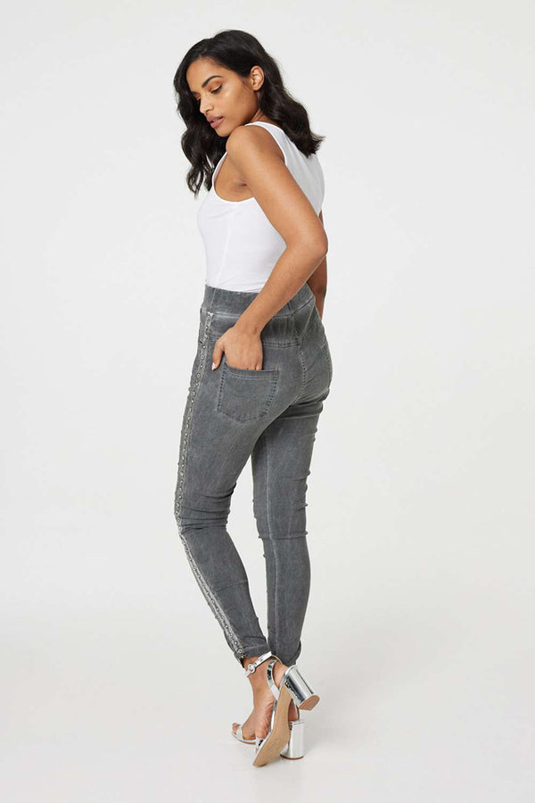 Grey | Denim Embellished Side Jeggings 