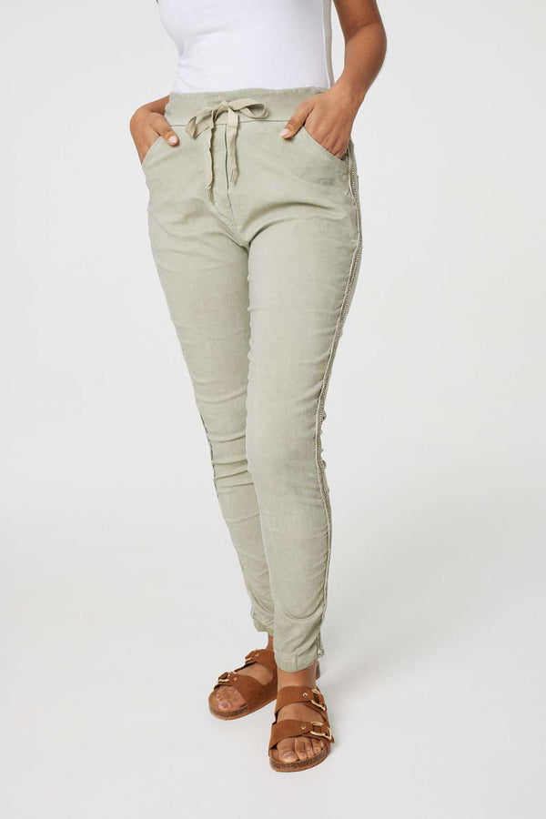 Khaki | Denim Embellished Side Jeggings 