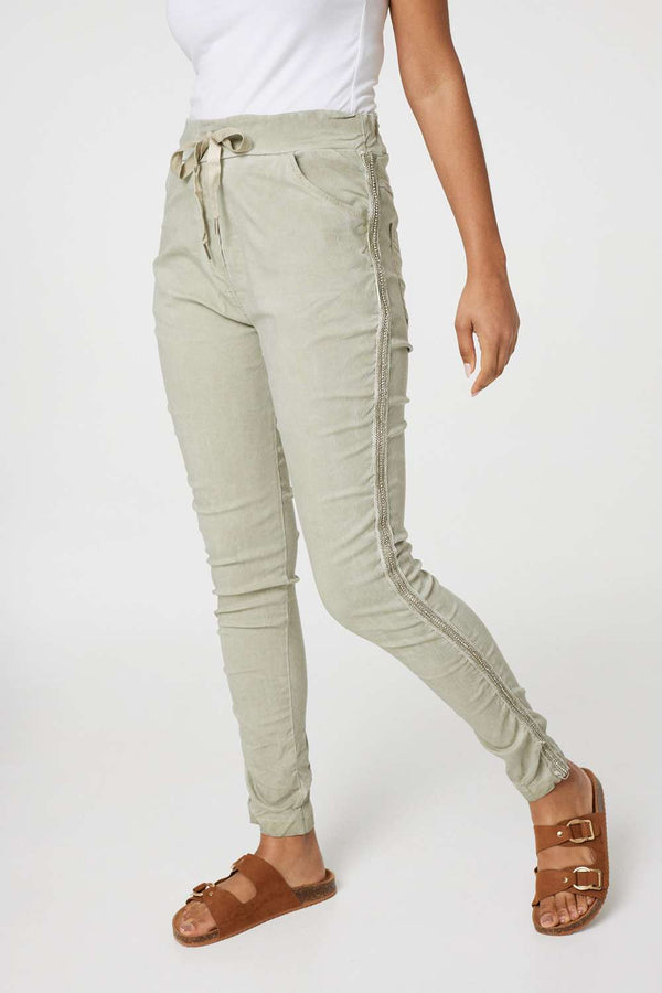 Khaki | Denim Embellished Side Jeggings