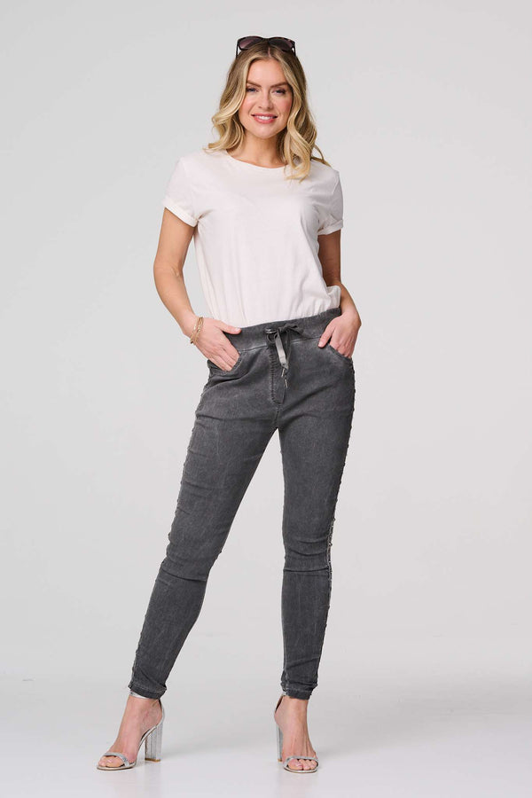 Dark Grey | Plain Skinny Tie Waist Trousers