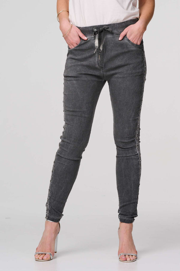 Dark Grey | Plain Skinny Tie Waist Trousers