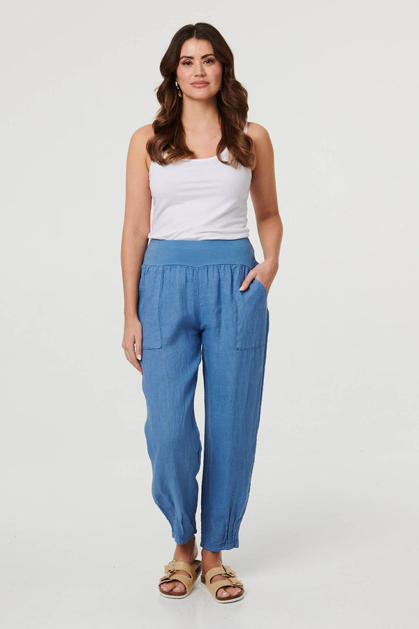Blue | Relaxed Linen Blend Tapered Trousers : Model is 5'9"/175 cm and wears UK10/EU38/US6/AUS10