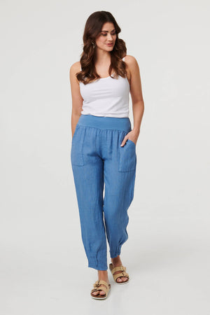 Blue | Relaxed Linen Blend Tapered Trousers