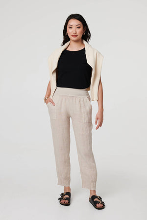 Linen | Relaxed Linen Blend Tapered Trousers : Model is 5'9