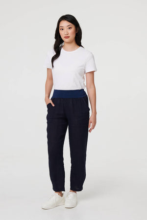 Navy | Relaxed Linen Blend Tapered Trousers : Model is 5'9