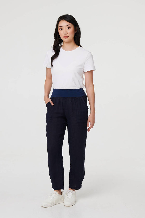 Navy | Relaxed Linen Blend Tapered Trousers