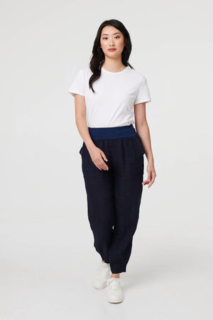 Navy | Relaxed Linen Blend Tapered Trousers