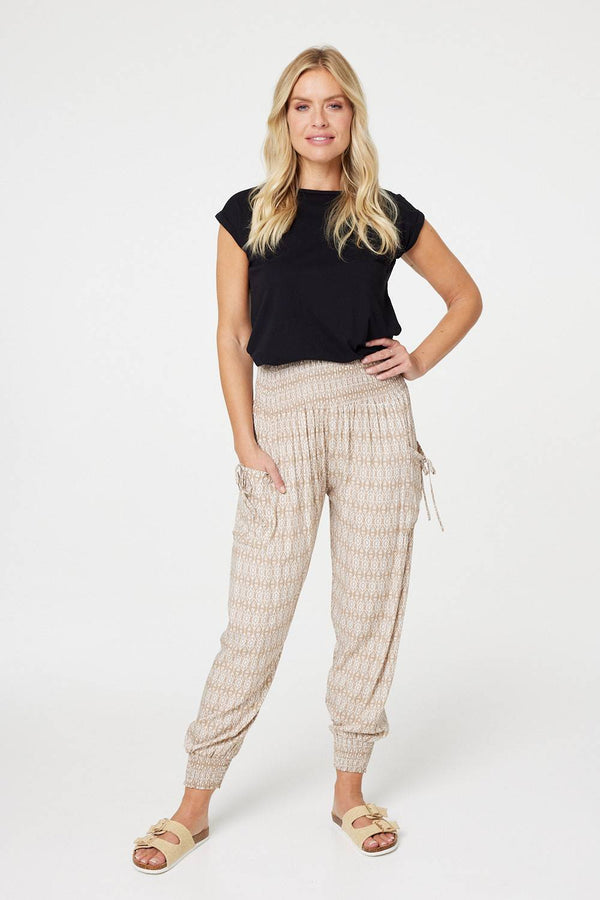 Beige | Printed Elasticated Harem Pants
