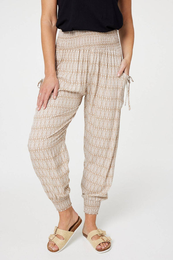 Beige | Printed Elasticated Harem Pants