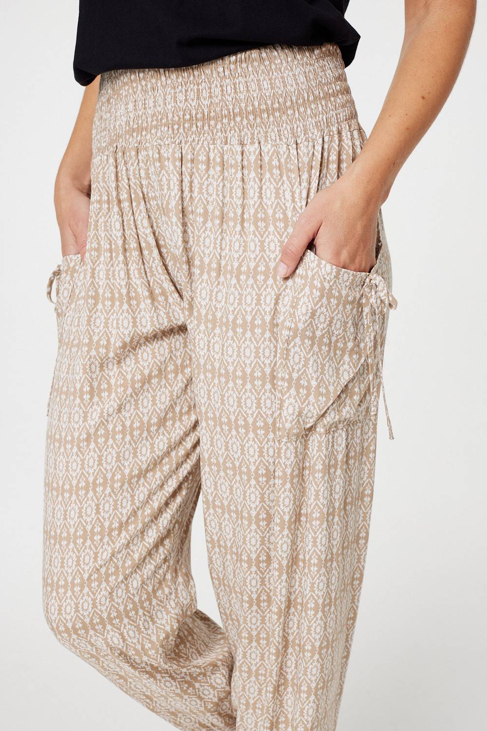 Beige | Printed Elasticated Harem Pants