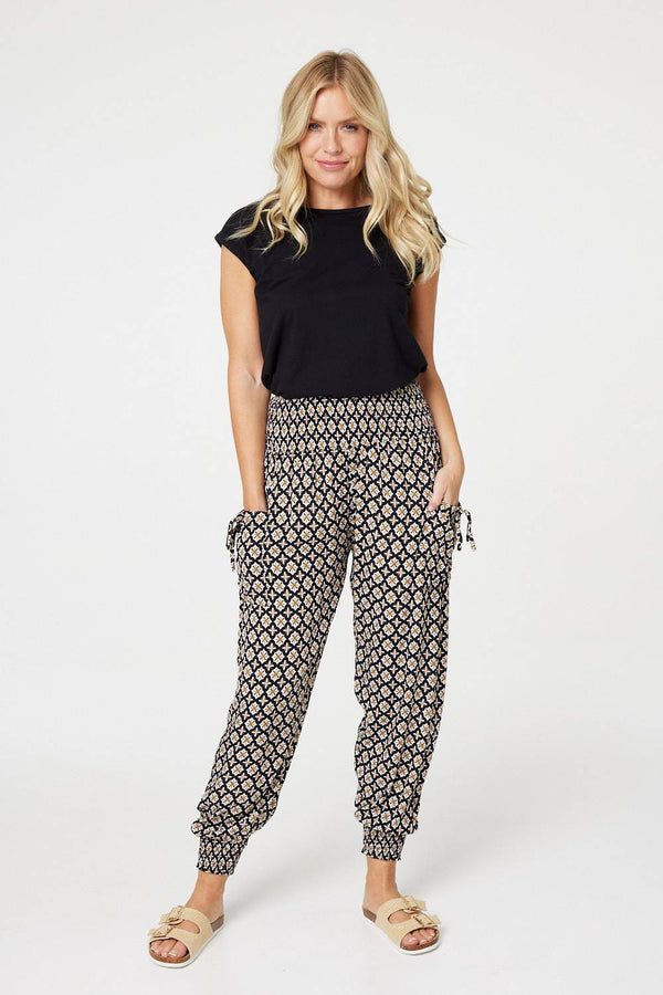 Black | Mosaic Print Shirred Harem Pants : Model is 5'10"/178 cm and wears UK8/EU36/US4/AUS8