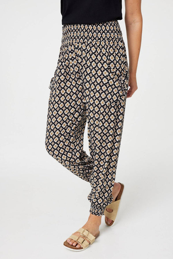 Black | Mosaic Print Shirred Harem Pants