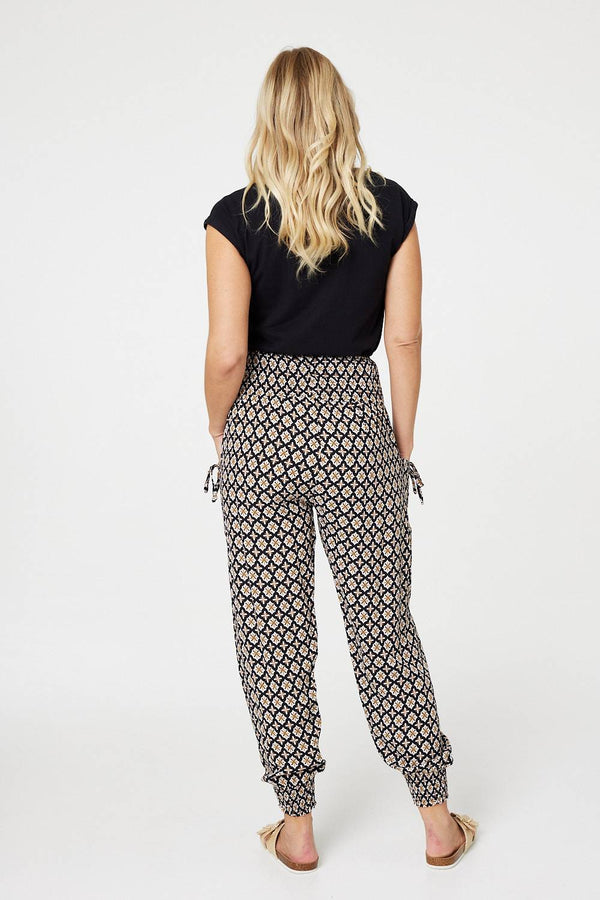 Black | Mosaic Print Shirred Harem Pants