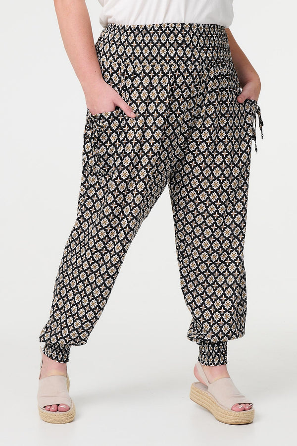 Black | Mosaic Print Shirred Harem Pants