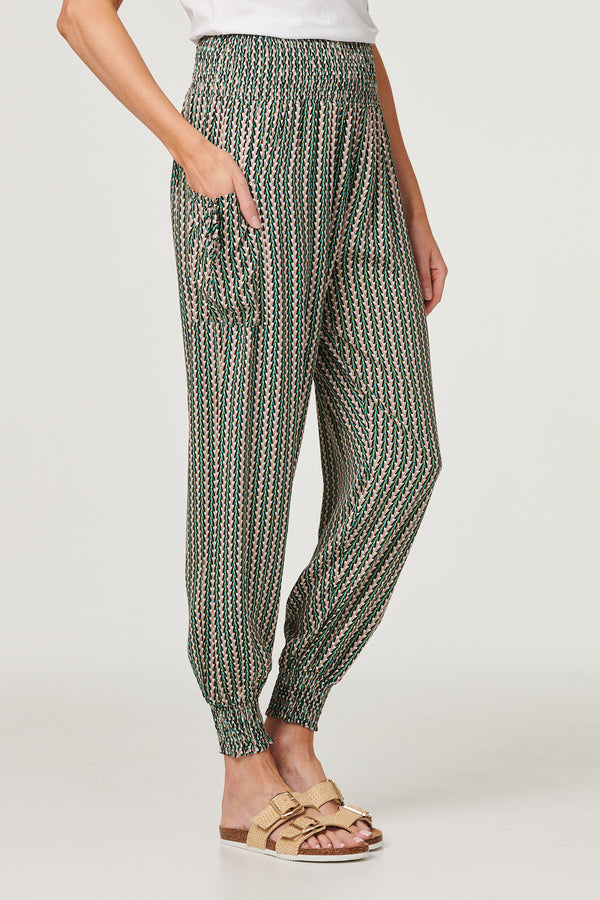 Khaki | Stripe Print Pocket Detail Harem Pants
