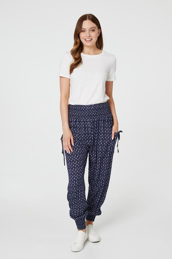 Navy | Ditsy Print High Waist Harem Trousers