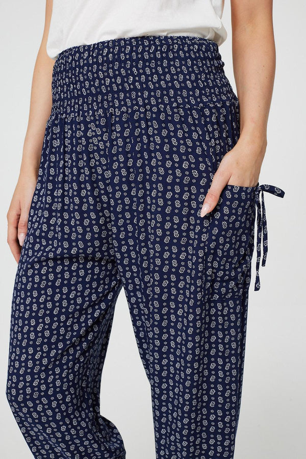 Navy | Ditsy Print High Waist Harem Trousers