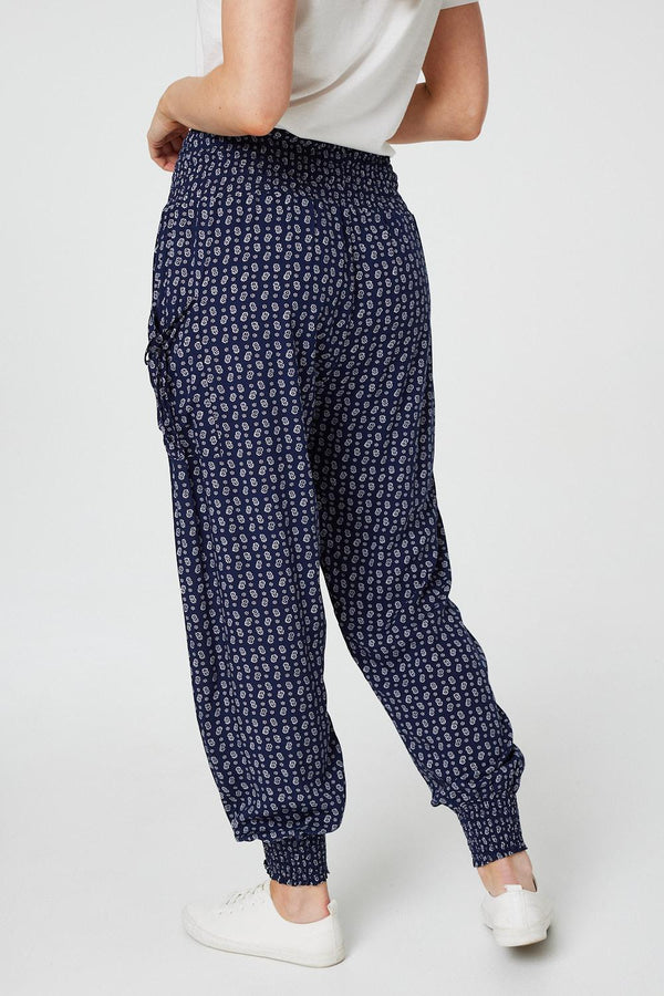 Navy | Ditsy Print High Waist Harem Trousers