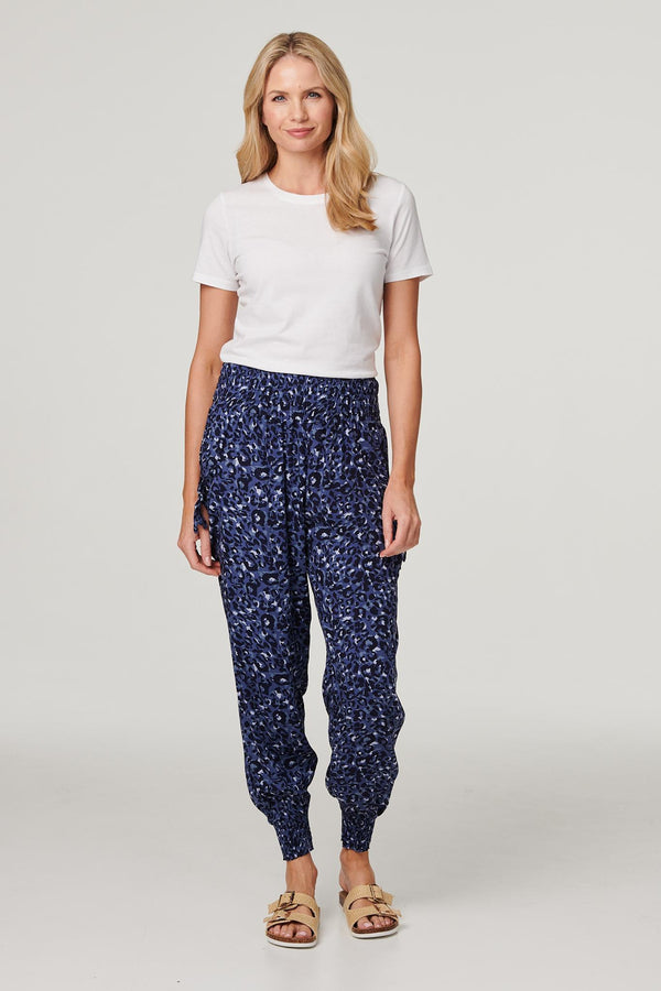 Navy | Animal Print Pocket Detail Pants : Model is 5'10"/178 cm and wears UK10/EU38/US6/AUS10