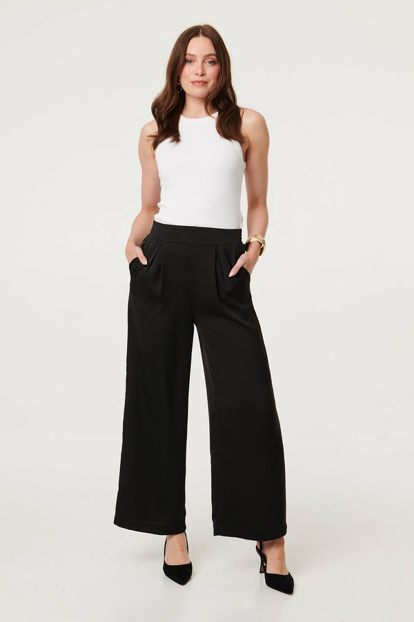 Black | High Waist Wide Leg Pleat Front Trousers
