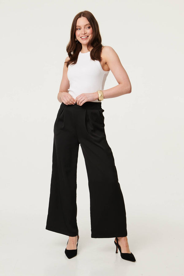 Black | High Waist Wide Leg Pleat Front Trousers
