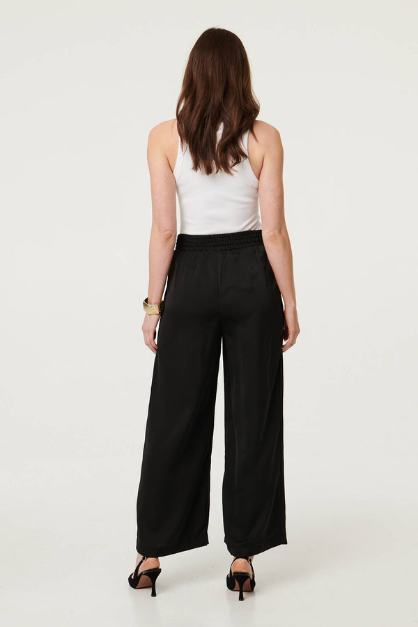 Black | High Waist Wide Leg Pleat Front Trousers
