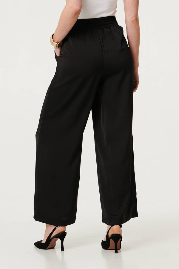 Black | High Waist Wide Leg Pleat Front Trousers
